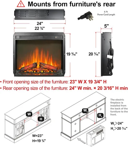Miniatura 4 de Inserto de chimenea eléctrica de 23", calentador de chimenea con control remoto, 4 niveles de brillo de llama ajustables, juego de troncos, bajo