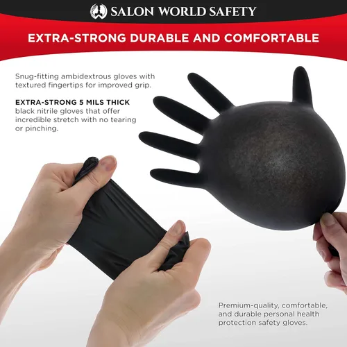 Miniatura 4 de Salon World Safety Guantes desechables de nitrilo negro, caja de 100 unidades, talla XL, 5.0 mil, sin látex, texturizados, aptos para alimentos