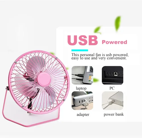 Miniatura 2 de Sokelinn-six Ventilador de escritorio USB pequeño de 4 pulgadas, mini ventilador de refrigeración personal silencioso de metal para el hogar, Rosa