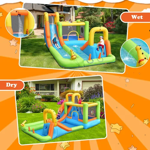 Miniatura 4 de HONEY JOY Tobogán acuático inflable, casa de rebote de agua gigante 8 en 1 y parque acuático con toboganes, escalada, piscina de chapoteo, toboganes