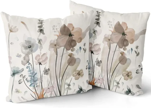 Miniatura 3 de Juego de 2 fundas de almohada florales en acuarela de 18 x 18 pulgadas, color marrón, crema, gris, verde azulado, floral, rústico, abstracto