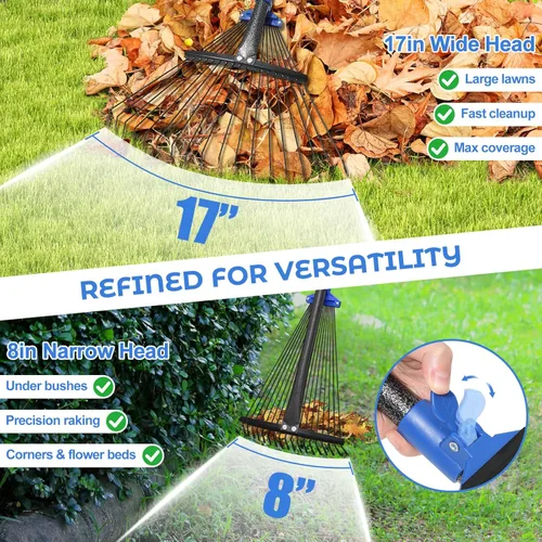 Miniatura 4 de Rastrillo de jardín ajustable para hojas - Rastrillo de metal resistente con cabeza expandible de 8-17" de largo, mango largo para césped, arbustos