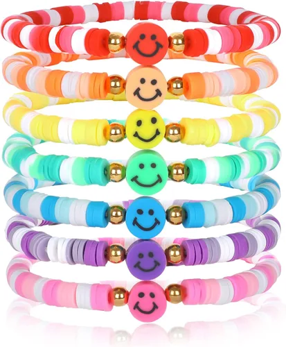 Miniatura 7 de Juego de pulseras heishi arcoíris estilo surfista para mujer, juego de pulseras apilables de cuentas de arcilla, pulseras elásticas con disco