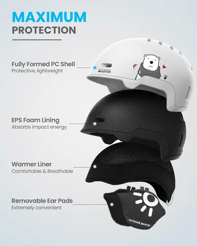 Miniatura 2 de OutdoorMaster - Juego de casco y gafas de esquí para niños, casco de snowboard, carcasa de PC duradera y espuma EPS, casco de nieve con 12 Blanco
