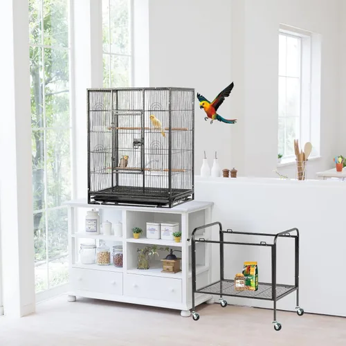 Miniatura 7 de VINGLI Jaula para pájaros de 53 pulgadas con ruedas, jaula duradera de hierro forjado con bandeja deslizante, jaulas para pájaros negros