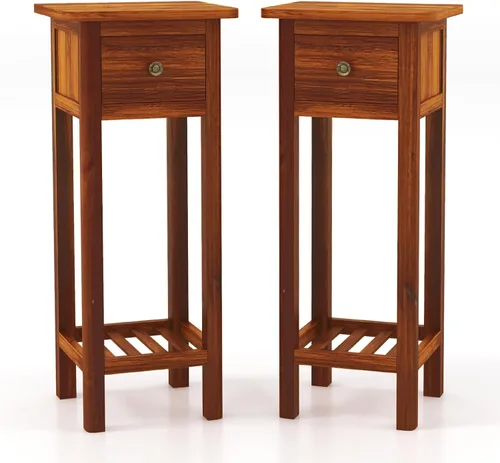 Miniatura 9 de Giantex - Mesa auxiliar alta con cajón y estante, mesa auxiliar estrecha de dos niveles, mesa de noche de madera de acacia para sala de estar, mesa