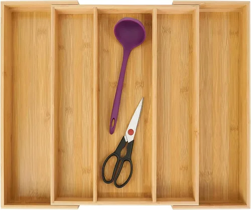 Miniatura 10 de Utoplike Organizador de cajones de cubiertos de bambú, organizador de cajones de utensilios de cocina expandibles, separadores de bandeja de Negro