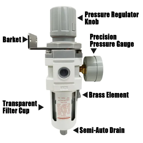 Miniatura 5 de Regulador de presión de filtro de aire NPT de 1/2 "Separador de agua combinado para línea de compresor de aire, drenaje semiautomático, elemento