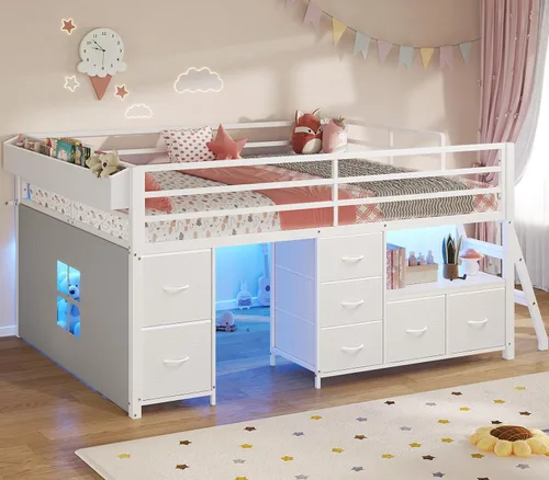 Miniatura 15 de ADORNEVE Cama baja tipo loft tamaño individual con 7 cajones de almacenamiento, estantería y luces LED, cama alta de metal para niños con barandilla