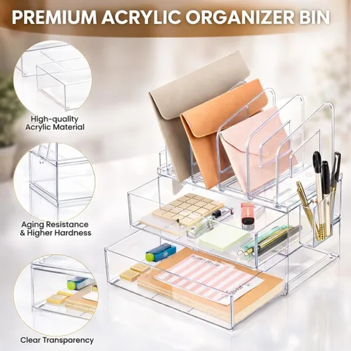 Miniatura 5 de LALOBLUE Organizador de Escritorio de Acrílico con Cajón, Suministros de Oficina, Almacenamiento de Organización, Organizador de 2 Cajones con 4