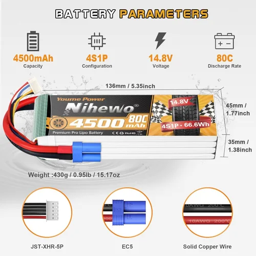 Miniatura 5 de Batería Lipo 4S de 14.8 V, 4500 mAh, 80 C, con enchufe EC5, compatible con escala 1/10 1/8, automóvil, camión, vehículo, avión, helicóptero, barco