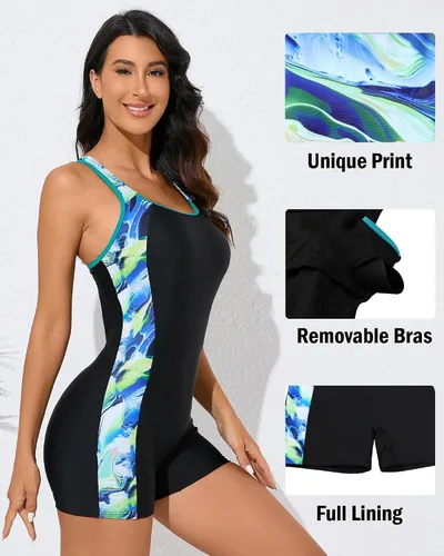 Miniatura 79 de beautyin - Traje de baño para mujer, traje de baño aeróbico y de competición de una pieza, estilo pantalón corto