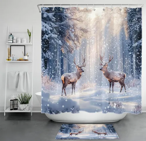 Miniatura 18 de LB Cortina de ducha de árbol de Navidad para baño, cortina de ducha abstracta de tela de pino nevado rosa y verde con ganchos, juego de cortina