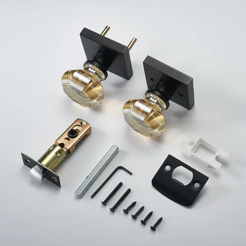 Miniatura 5 de Picaporte de vidrio dorado champagne para puerta de pasaje – Manija interior de cristal sin bloqueo con roseta cuadrada negra mate – Estilo elegante