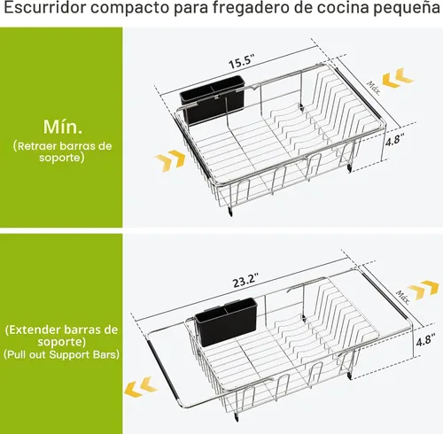 Miniatura 4 de JASIWAY - Escurridor extensible de acero inoxidable para usar sobre fregadero, encimera de cocina y dentro del fregadero, con portautensilios