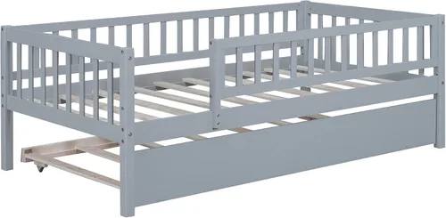 Miniatura 9 de Base de cama de tamaño individual con barandillas nido y valla para niños, adolescentes y adultos, soporte de listones de madera, no necesita Gris