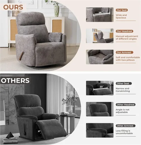 Miniatura 7 de Sillón reclinable mecedor giratorio de gran tamaño con masaje y calor, sillón reclinable giratorio para guardería con reposacabezas ajustable, silla