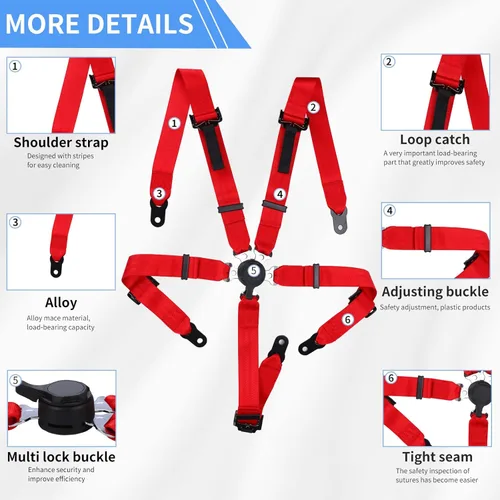 Miniatura 2 de Yakitoko Arnés de seguridad universal de 5 puntos, 2 pulgadas, compatible con Go Kart, UTV, ATV, rojo para carreras