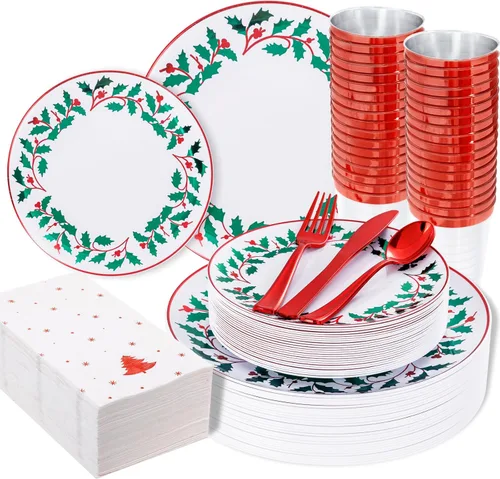 Miniatura 13 de WDF 175 piezas de platos de Navidad de plástico desechables - 25 platos verdes, 25 platos rojos con campanas doradas, 75 cubiertos de plástico Bell