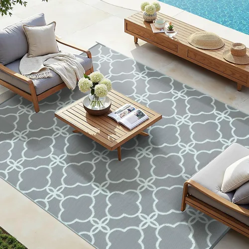 Ashler - Alfombra de paja de plástico para exteriores, 5 x 8, reversible, color azul pálido, diseño moderno con flores para caravana, patio trasero,