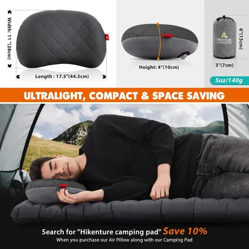 Miniatura 6 de Hikenture Almohada de camping con funda extraíble, almohada inflable ultraligera para dormir, almohadas inflables, almohada de senderismo portátil