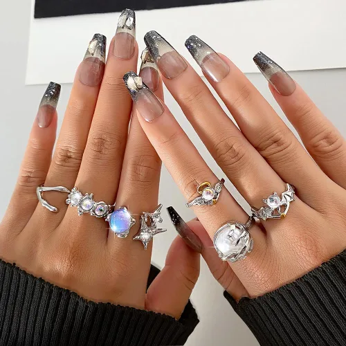 Miniatura 5 de KISS WIFE Cute Rings Set Multi-style available Y2K Preppy Aesthetic Ring Sets for Teen Girls Women, Colorful Trendy Jewelry Gold Stackable Joint