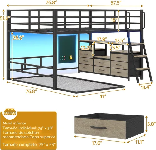Miniatura 2 de busyaeh Litera matrimonial sobre individual, litera baja con 8 cajones y 4 estantes y barandilla de seguridad de 15 pulgadas de alto, litera