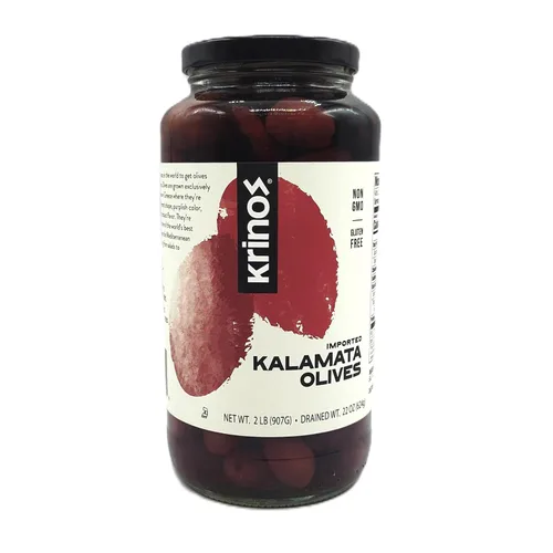 Krinos Aceitunas Kalamata en salmuera de vinagre y aceite de oliva, ideal para cortar y cortar en cubitos y crear aperitivos y comidas deliciosas,