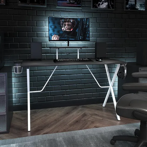 EMMA + OLIVER Soporte para tazas de escritorio para juegos negro/blanco y negro, gancho para auriculares, soporte para monitor