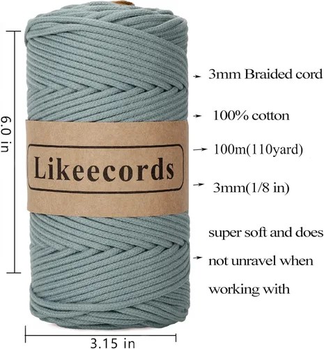 Miniatura 2 de Cordón de Algodón Trenzado 3mm x 109 yardas - Cuerda de Macramé Colorida para Manualidades, Ganchos, Colgantes de Pared - 100% Algodón Natural