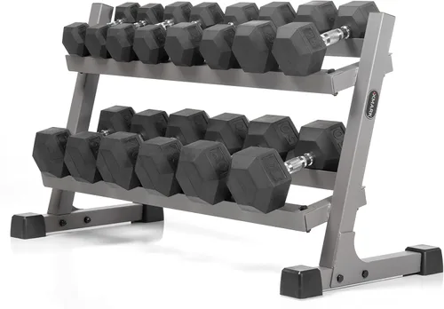 XMARK Juego de pesas de 5 a 50 libras (10 pares) con estante de almacenamiento de pesas, almacenamiento gris o negro Juego de estante gris de 10 a