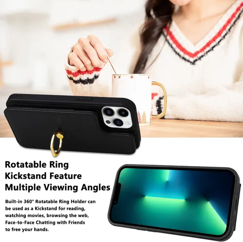 Miniatura 6 de Funda compatible con iPhone 13 Pro Max con tarjetero y rotación de 360°, soporte de anillo de dedo con función atril, bloqueo RFID, piel sintética