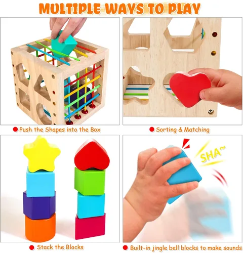 Miniatura 3 de HELLOWOOD Juguetes Montessori para niños de 1 año en adelante, cubo clasificador de madera con 8 formas de traqueteo, juguetes de aprendizaje