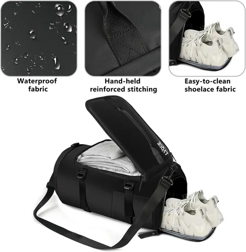 Miniatura 3 de Bolsa de gimnasio para mujeres y hombres, bolsa de lona deportiva, mochila de viaje, bolsa de fin de semana con compartimento para zapatos, Negro