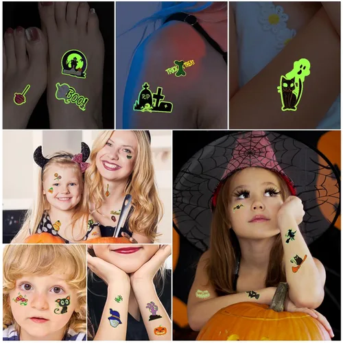 Miniatura 4 de 124 tatuajes temporales de Halloween que brillan en la oscuridad para niños, calcomanías de tatuaje falsas luminosas impermeables para fiesta