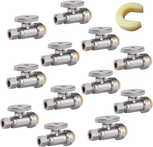 Miniatura 12 de Válvula de parada de ángulo de giro de 1/4, válvula de cierre de agua de compresión de 1/2 x 3/8 pulgadas con clip de desconexión, para PEX, cobre