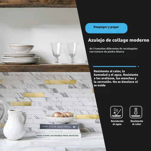 Miniatura 3 de Art3d - Azulejos despega y pega de 10 hojas para salpicadero de cocina, baño, chimenea y lavandería en color pizarra blanca con tachuelas doradas