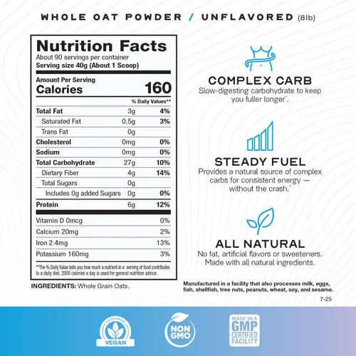 Miniatura 2 de Muscle Feast Polvo de avena entera totalmente natural y compleja fibra de avena en carbohidratos, sin OMG, avena en polvo vegana de digestión lenta