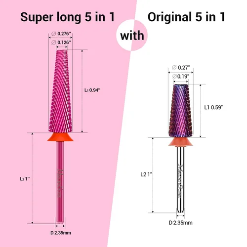 Miniatura 4 de MelodySusie Brocas de uñas súper largas 5 en 1, brocas de carburo de tungsteno de 3/32 pulgadas, adecuadas para manicura, pedicura, cutícula