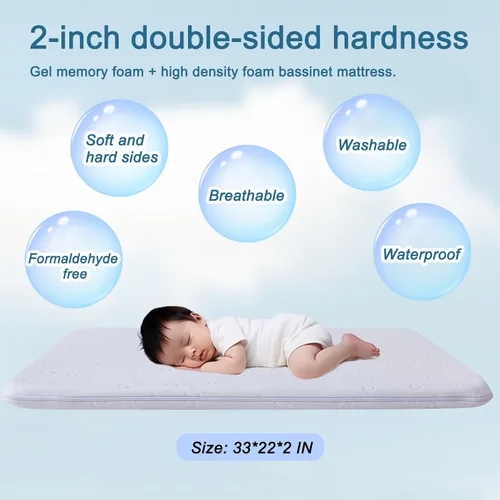 Miniatura 5 de Colchón de moisés para bebé, 24" x 20.8" x 2" colchón de espuma viscoelástica de gel de doble cara con funda suave transpirable extraíble que se
