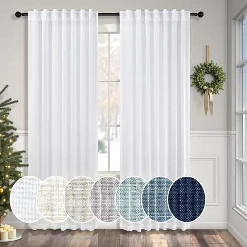 Miniatura 44 de Cortinas de lino azul de 84 pulgadas de largo para sala de estar; juego de 2 paneles con lengüeta trasera; cortinas con dobladillo para barra; Azul