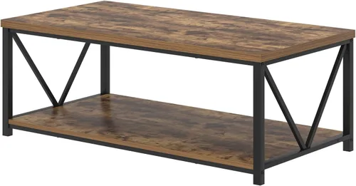 Miniatura 9 de EXCEFUR Mesa de centro moderna, mesa de sala de estar de madera rústica y metal con estante de almacenamiento, mesa central rectangular industrial