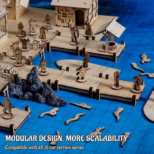 Miniatura 3 de Puente modular, muelle, pasarela, juego básico de 7 piezas de madera cortada con láser para D&D, Pathfinder, Dungeons & Dragons y otros