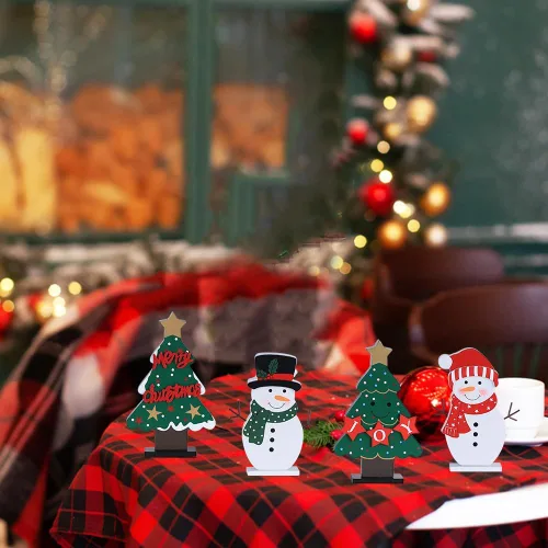 Miniatura 6 de DECSPAS Decoraciones navideñas para interiores, 4 piezas de árboles de Navidad de madera y muñecos de nieve para decoración de mesa de centro