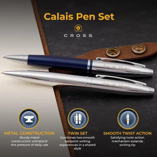 Miniatura 4 de Dayspring Pens Cross Calais - Juego de bolígrafos dobles personalizados, 1 bolígrafo cromado y 1 azul