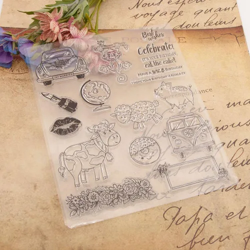 Miniatura 6 de Sellos transparentes de cumpleaños de animales salvajes para diarios de arte o hacer tarjetas, mono, cerdo, oveja, vaca, autobús, sellos de goma