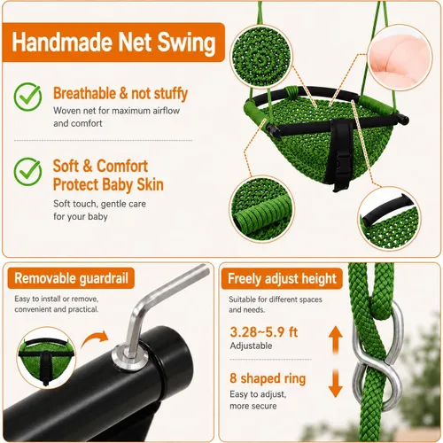 Miniatura 7 de Hi-Na Asientos de columpio para niños, bebé, columpio de red hecho a mano con cuerda ajustable, adecuado para interiores, exteriores, patio trasero