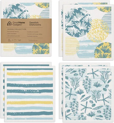 Paños de cocina suecos | Paquete de 6 Ocean Collection | Esponja de celulosa absorbente, reutilizable, ecológica