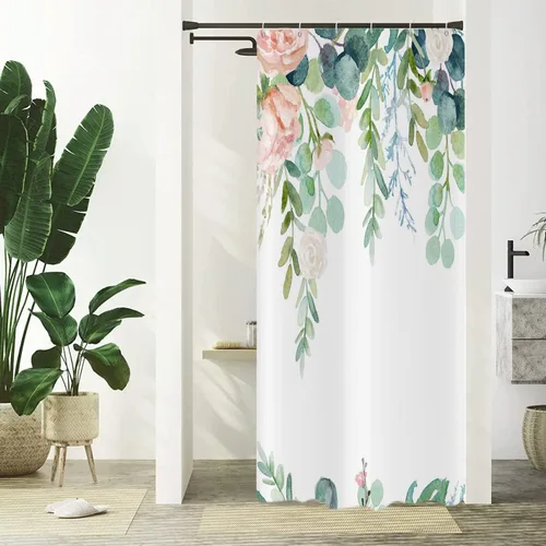 Miniatura 20 de Cortina de ducha de hoja de eucalipto, hojas verde salvia y doradas, plantas de acuarela en la parte superior, cortina de baño de tela con fondo