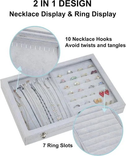 Miniatura 4 de Togous Organizador de anillos de collar de terciopelo con tapa transparente, soporte para collar 2 en 1 y vitrina de anillo, bandeja organizadora